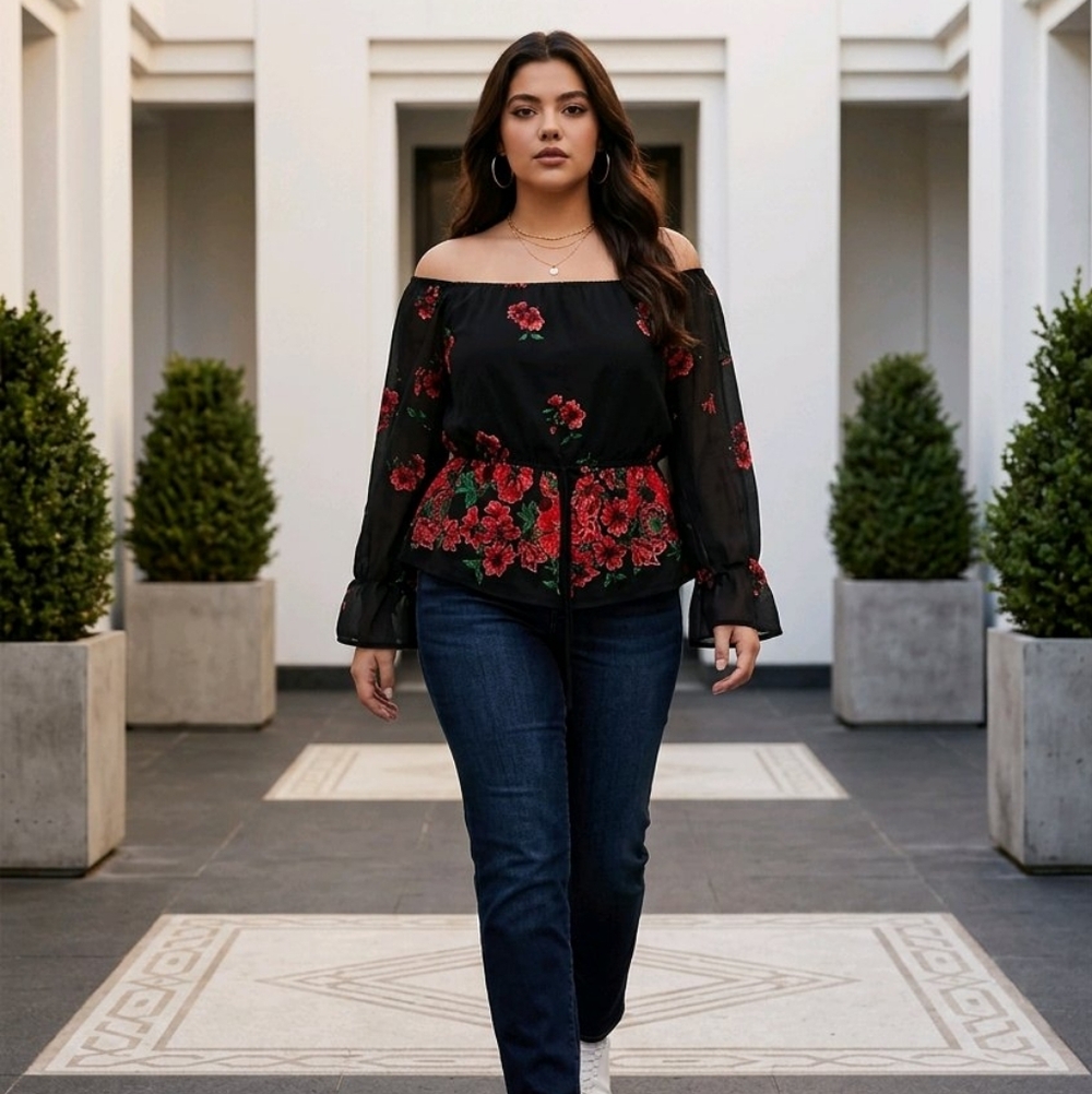 Indulge Casual Long Bell Sleeves Flower Top Loose Round Neck Size M